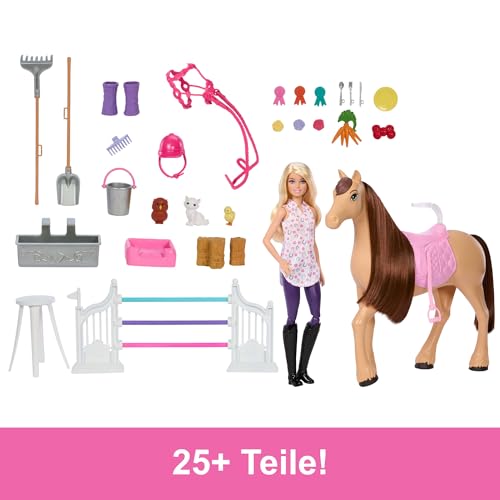 Barbie Spielzeugstall-Spielset mit Puppe, Pferd und Zubehör, mehr als 25 Teile mit 6 Spielbereichen, inspiriert von Barbie Mysteries: Das geheimnisvolle Pferdeabenteuer“, JDN43