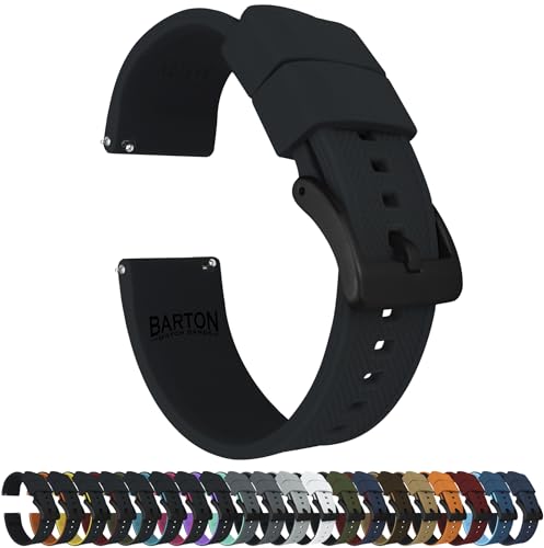 BARTON WATCH BANDS Quick Release Elite Silicone Watch Bands, Black & Black PVD Buckle, 20mm