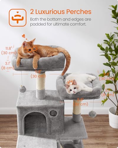 Image of Feandrea Cat Tree, 66.1-Inch Large Cat Tower, Multi-Level Plush Condo with 13 Scratching Posts, 2 Perches, 2 Caves, Basket, Hammock, Pompoms, Light Gray UPCT165W01