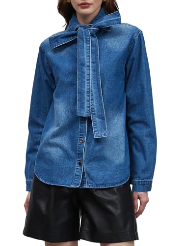 Women's Bow Tie Denim Shacket Jacket Button Down Long Sleeve Jean Shirt Tops
