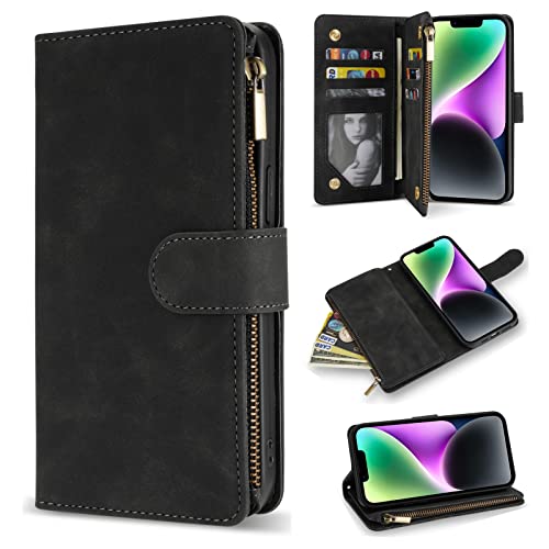ZZXX iPhone 14 Case Wallet with [RFID Blocking] Card Slot Premium Soft PU Leather Zipper Flip Folio with Wrist Strap Kickstand Protective Phone Cover for iPhone 14 Wallet Case(Black-6.1 inch)