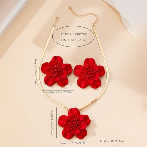 Vintage Flower Necklace Earring Set Gold Snake Chain Necklace Bohemian Red Flowers Choker Necklaces Hypoallergenic Statement Flower Stud Earrings Elegant Bridal Wedding Summer Beach Jewelry4