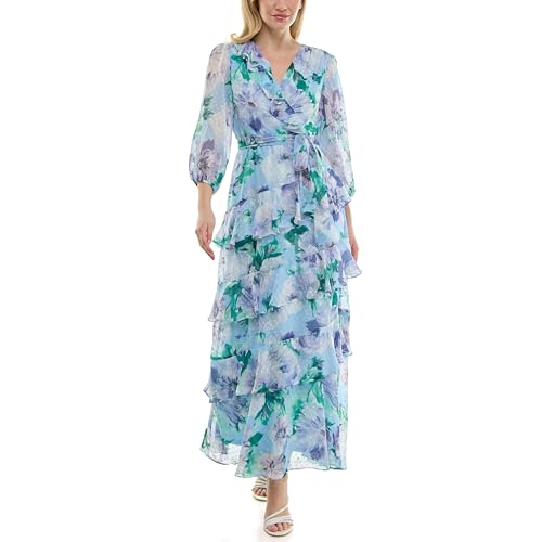 Image of Maison Tara Women's Sheer Long Sleeve V-Neck Floral Tiered Ruffle Wrap Maxi