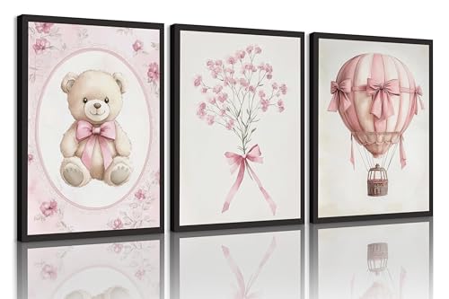 3Pcs Pink Nursery Wall Art Cute Teddy Bear Hot Air
