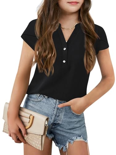 Haloumoning Girls' T-Shirts Short Sleeve Summer V-Neck Fashion Leisure Plain T-Shirt for Children Tops Shirts, Black, 11-12 Years