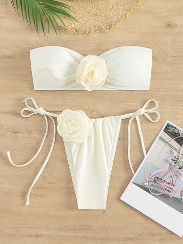 Ivy 3D Floral Bandeau  Bikini Set - White