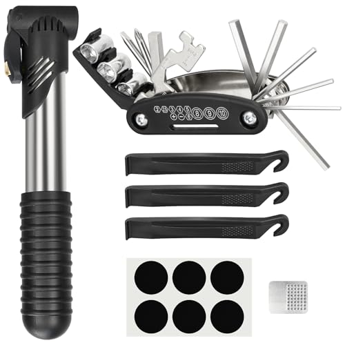PXZBLG Bike Repair Kit, Bike Tire Repair Tool Kit, Including Bike Tire Pump, 16-in-1 Bike Multitool, Bicycle Tire Repair Accessories, Used for Mountain Bike and Road Bike