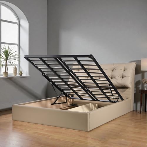Image of The Attic Kona Queen Size Hydraulic Lift Storage Bed with Tufted Headboard Khakhi Beige