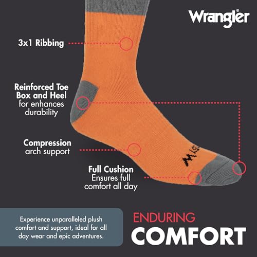 Wrangler 3 Pack Cushioned Arch Support Men's Crew Socks - Striped Outdoor Socks for Hiking & Work - Size 6-124