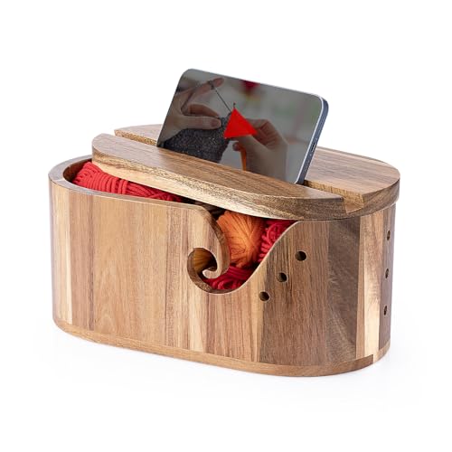 Image of Little World Large Wooden Yarn Bowl with Lid, Oval Crochet Yarn Holder for crocheting with Double Curling Slots to Prevent Tangles, Gift for Knitters and Crocheters
