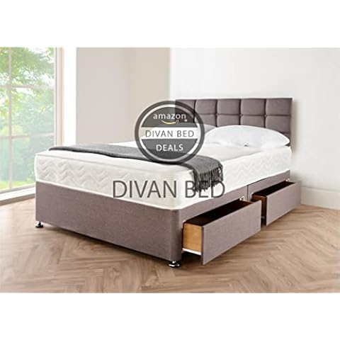 4FT6 Double Linen Look Divan Bed with Mattress and Matching Colour Plain Headboard 20" - 2 Free Storage Drawers Available (4Ft6 Double, with Mattress 10") Cover