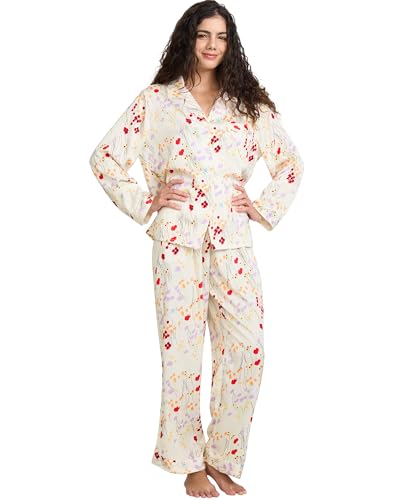 Image of YiNi LuLu Womens Silk Satin Pajamas Set Button Down 2 Piece Pjs Long Sleeve Oversized Sleepwear with Pockets