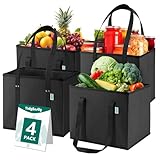 TidyNestly Reusable Grocery Bags Foldable 4-Pk, Heavy Duty Large Reusable Shopping Bags with Handles, Collapsible Tote, Black
