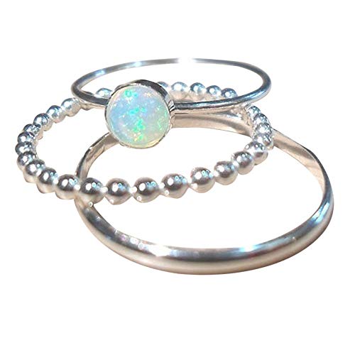 SPORTTIN-Jewelry 3PC Silver Ring Cut Opal Diamond Round Beads Band for Women Girls(Silver,5)