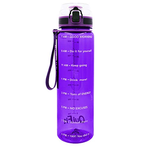 QuiFit 1 Litre/32 oz Motivational Water Bottle - Time Marker,Non-Toxic BPA Free,Leak-Proof,for Cycling Fitness Outdoor Enthusiasts (Flip Top lid-purple, 1 Litre)