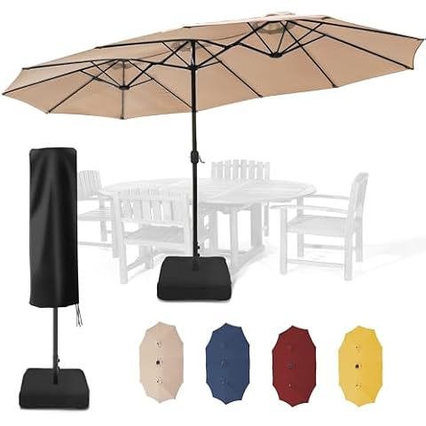 Sundale Outdoor 15ft Patio Double-Sided Umbrella Large Market Twin Umbrella with Base Included and Umbrella Cover & Crank (Beige) Cover