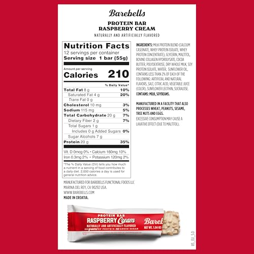 Image of Barebells Protein Bars Raspberry Cream - 12 Count, 20g High Protein Treats - Chocolate Nutrition Bar with 1g Total Sugars - On-The-Go Breakfast or Post-Workout Snack (Pack of 2)