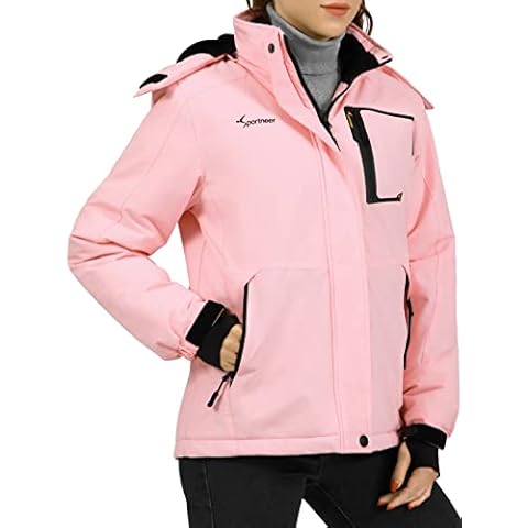 Sportneer Ski Jacket Womens Waterproof Coat Winter Fleece Hooded Snowboarding Mountain Coat Skiing Outdoor Coats with Detachable Hood Cover
