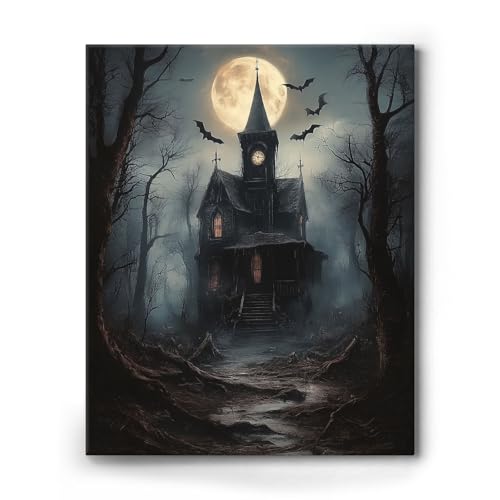 Halloween Canvas Wall Decor, Horror Mysterious Castle Eerie Bat Wall