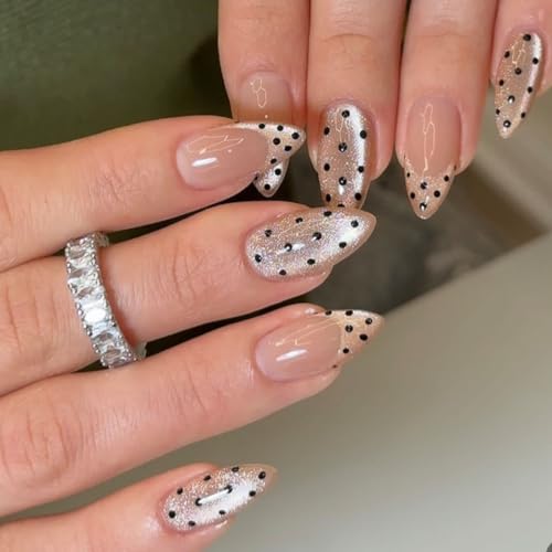 Image of Polka Dot Press on Nails Glitter Fake Nails Medium Almond Nails Press ons | French Tip False Nails with Design Shiny Glossy Full Cover Stick on Nails for Women Manicure 24Pcs,Reusable,Easy Apply