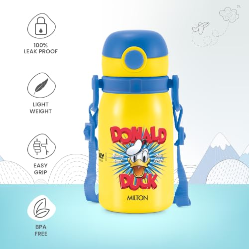 Image of MILTON Disney Torque 450 ISI Certified Stainless Steel Water Bottle, Leak Proof, Rust Proof, Single walled,1 Yr Warranty, Ideal Sipper Water Bottle for School Kids Bottle, 455 ml, Yellow