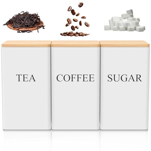 3PCS 1000ml Tea Coffee Sugar Canister Set Metal Square Kitchen Container with Airtight Bamboo Lid Decorative Food Storage Tin for Your Favorite Tea Sugar Coffee(White)