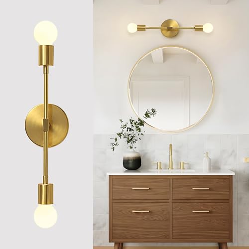 Image of Modo Lighting Mid Century Modern Wall Lamp Mounted Sconce 2-Light Minimalist Raw Brass Fixture for Bedroom Vanity Light (1 Pack)