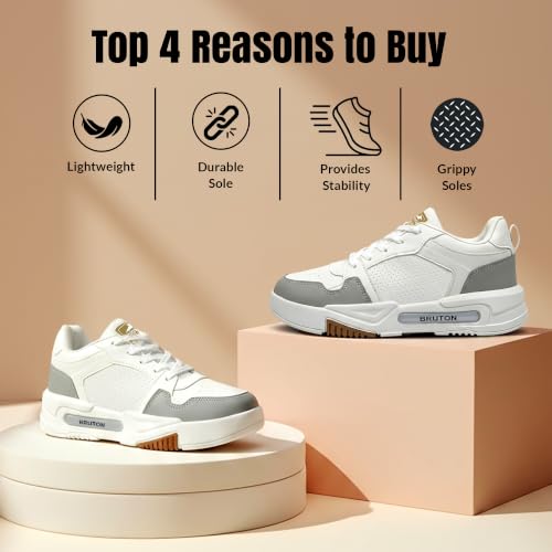 Image of BRUTON Men's HUSTLE-222 White Sneakers | Stylish Lace-Up Casual Shoes | Cushioned Comfort Sole | Lightweight Fashion Sneakers, College, Travel & Street Style