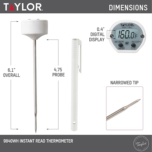 Image of Taylor Instant Read Digital Meat Thermometer for Grill, BBQ & Kitchen, NSF Approved, Fast Internal Temperature Readings, F /C Switchable Display, Battery Included, Pocket Sleeve Clip, White
