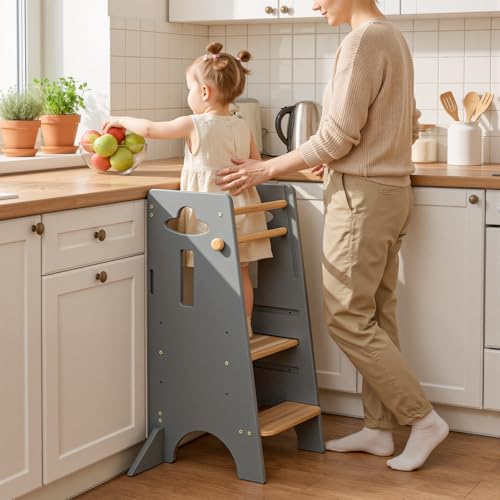 Image of COSYLAND Adjustable Toddler Standing Tower (NO Backing Board) - Stable Toddler Step Stool with 4 Stabilizing Blocks - 3 Levels Height Adjustable Kids Kitchen Stool Helper (Natural & Light Gray)
