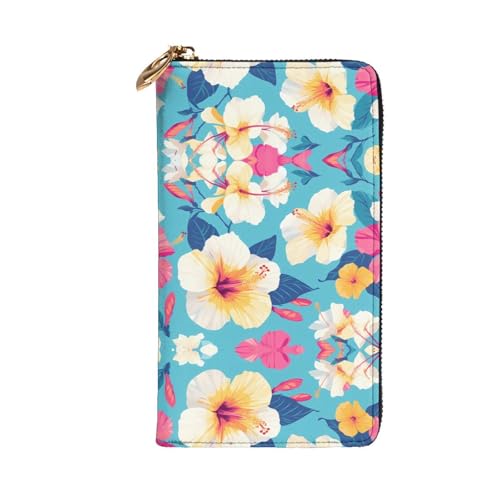 Stylish beautiful hibiscus flowers Pattern Leather Wallet - Long Clutch for Women, RDurable Material, 12 Card Slots, Zipper Compartments2