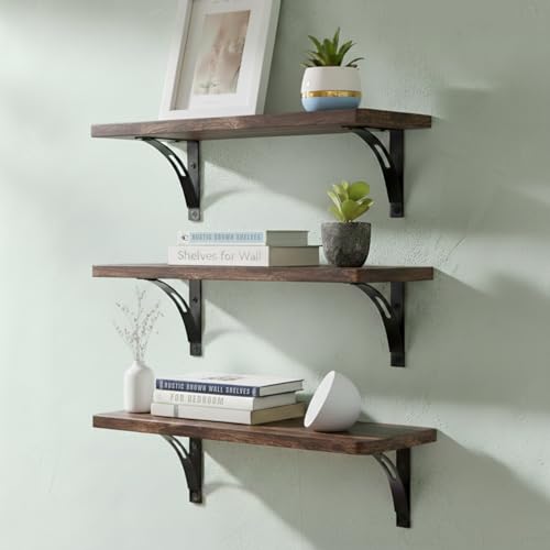 Willowy Reinforced Steel Bracket Rustic Brown Shelves - Easy to Install, Template and Video Included - Deep Large Wall Shelves for Bedroom, Open Kitchen Shelves for Wall