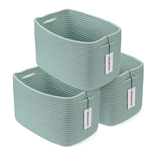 Image of XUANGUO Cotton Rope storage Basket Bins Woven Basket for Organizing Shelves Rectangle Decorative Baskets For storage Clothes Toys Books Towels Square Wicker Nursery basket organizer 3 pack Green