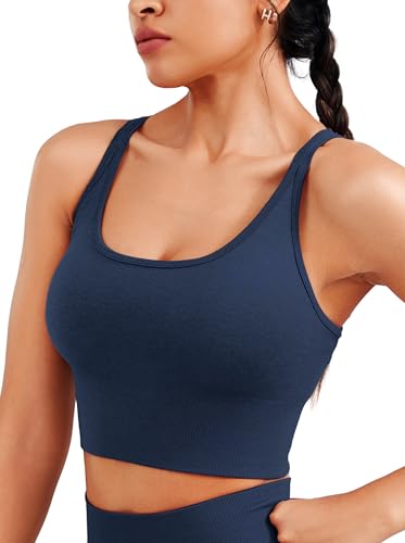 JOYSPELS Women's Sports Bra Seamless Longline 4-Way Stretch Yoga Top with Removable Pads for Gym, Workouts, Running Ocean Blue M - Image 4