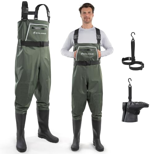 Calamus WaveWalker Fishing Waders for Men & Women, 100% Waterproof PVC Chest Waders with Slip-Resistant Boots, Tear-Resistant Nylon, Ample Storage, Wader Hanger, Military Green, M10/W12