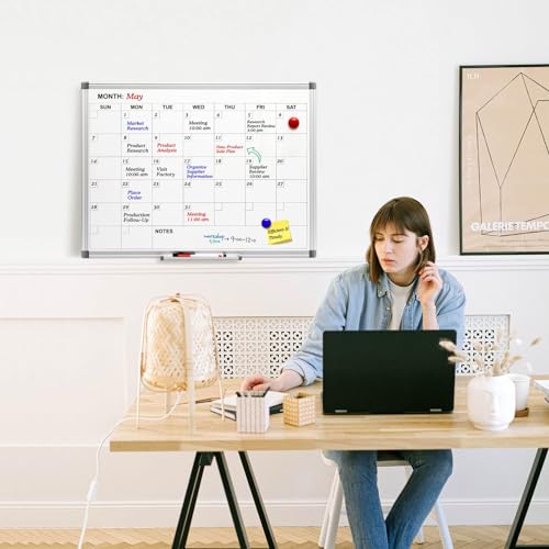 Comix Magnetic Dry Erase Calendar Whiteboard, 24 x 18 Inches Monthly Calendar Dry Erase Board for Wall, Aluminum Frame Planner White Board with Markers, Eraser, Magnets