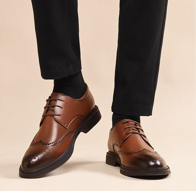 Men Black Dress Shoes Lace-up Block Mid-Heel Leather Shoes Classic Formal Tuxedo Derby Shoes(8.5)3