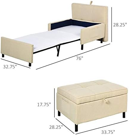 HOMCOM 2-in-1 Design Convertible Single Sofa Bed with Side Pocket and Metal Frame Couch for Living Room, Beige