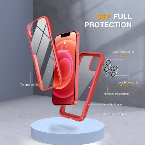 Image of Miracase Glass Series for iPhone 12 /12 Pro Case 6.1 inch, Upgraded Full-Body Rugged Phone Bumper Case Cover with Built-in 9H Tempered Glass Screen Protector and Camera Protector, Red
