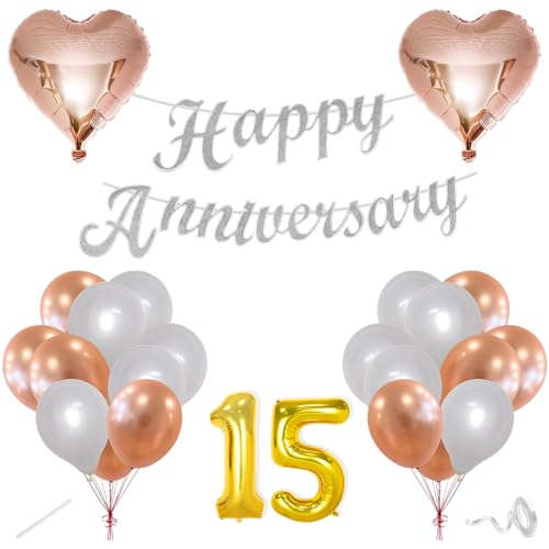 Image of Flyloons 15th Happy Anniversary Decoration Items Rose Gold White for Men Women Husband Wife Mom Dad Parent Couple Home Bedroom Car With 20 Pcs Metallic Balloons Anniversary Banner 2 Pcs Heart Set Kit
