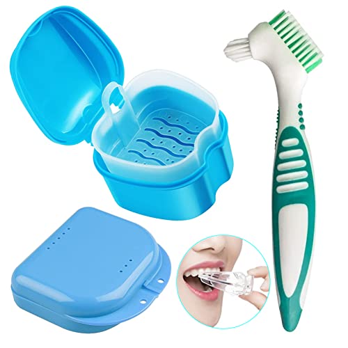 3pcs Boite Appareil Dentaire Orthodontie Boite a Dentier Nettoyant Boîte de Rangement pour Prothèses Dentaires avec Brosse de Nettoyage pour Prothèses Dentaire pour Stockage Trempage Nettoyage Cover