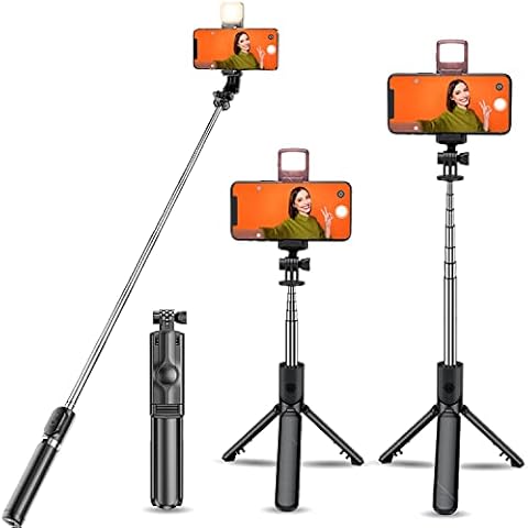 Absob Mini Selfie Stick Tripod Mount with Fill Light, Adjustable Extendable Selfie Stick 28" & Flexible Phone Tripod Stand For Filming Wireless Remote Compatible With iPhone 11 12 13 Pro Max Cover