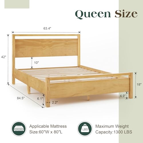 Image of AMERLIFE Queen Size Solid Wood Bed Frame with Headboard, Minimalist Platform Bed with Wood Slats Support /No Box Spring Needed /Easy Assembly /Noise-Free, Natural