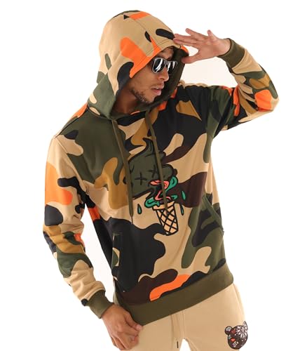 SCREENSHOT-H11076 Mens Urban Hip Hop Fleece Pullover Hoodie - Ice Cone Camo Cartoon Animation Hooded Streetwear Sweatshirt-Olive-Medium