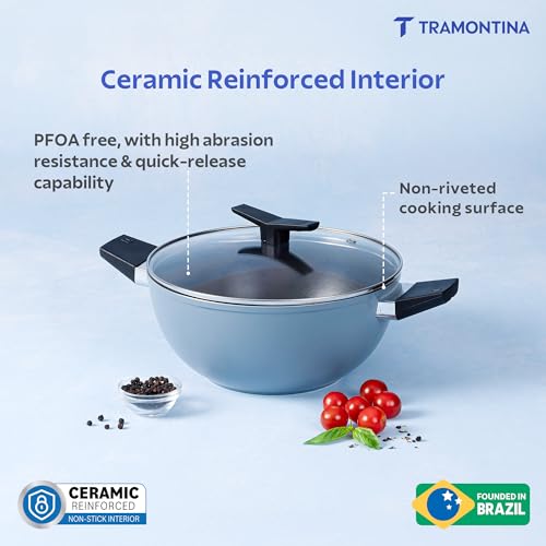 Image of TRAMONTINA Aura Extra Deep 22cm Kadai with Lid, 2.9L | Reinforced Ceramic Non-Stick Cookware | Quick & Even Heating & Low-Oil Cooking | Bakelite Handle | All Cooktop Compatible | Blueberry