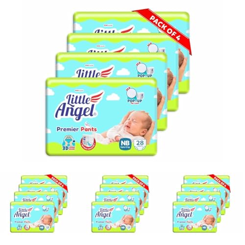 Image of Little Angel Premier Pants Baby Diapers, New Born (NB) Size, 112 Count, Wetness Indicator, up to 5 Kg (28 Count, Pack of 16)