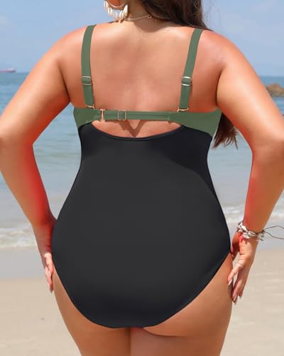 Image of Women Plus Size One Piece Swimsuits Tummy Control Twist Front Bathing Suit | Unremovable Bra, Sweetheart Neckline, Wide Adjustable Straps, Ruched Stomach, Side-Splicing Design, Full Coverage Bottom