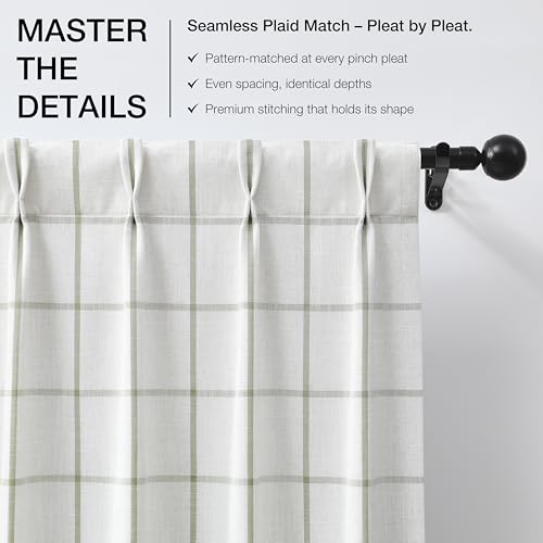 Vision Home Sage Plaid Linen Pinch Pleated Full Blackout Curtains 40x102Lx2 - image 3