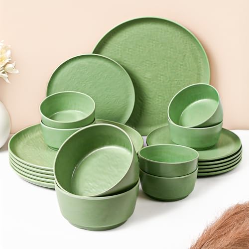 Image of MARKET 99 Green Hammered Melamine Dinner Set of 20 Pcs | 6 Full Plates, 6 Quarter Plates, 6 Soup Bowls & 2 Serving Bowls | Glossy Round Food Safe & Refrigerator Safe Dinnerware Set