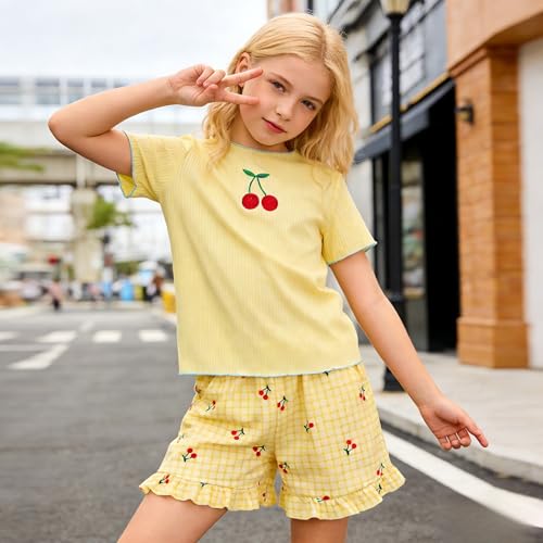 Image of Yoxindax Tween Girls Summer 2-Piece Outfit Set - Crew Neck Short Sleeve T-Cherry Print Shorts 7-14Y Summer Clothes